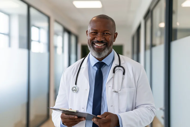Smiling black male doctor in lab coat holding clipboard in hospital corridor
