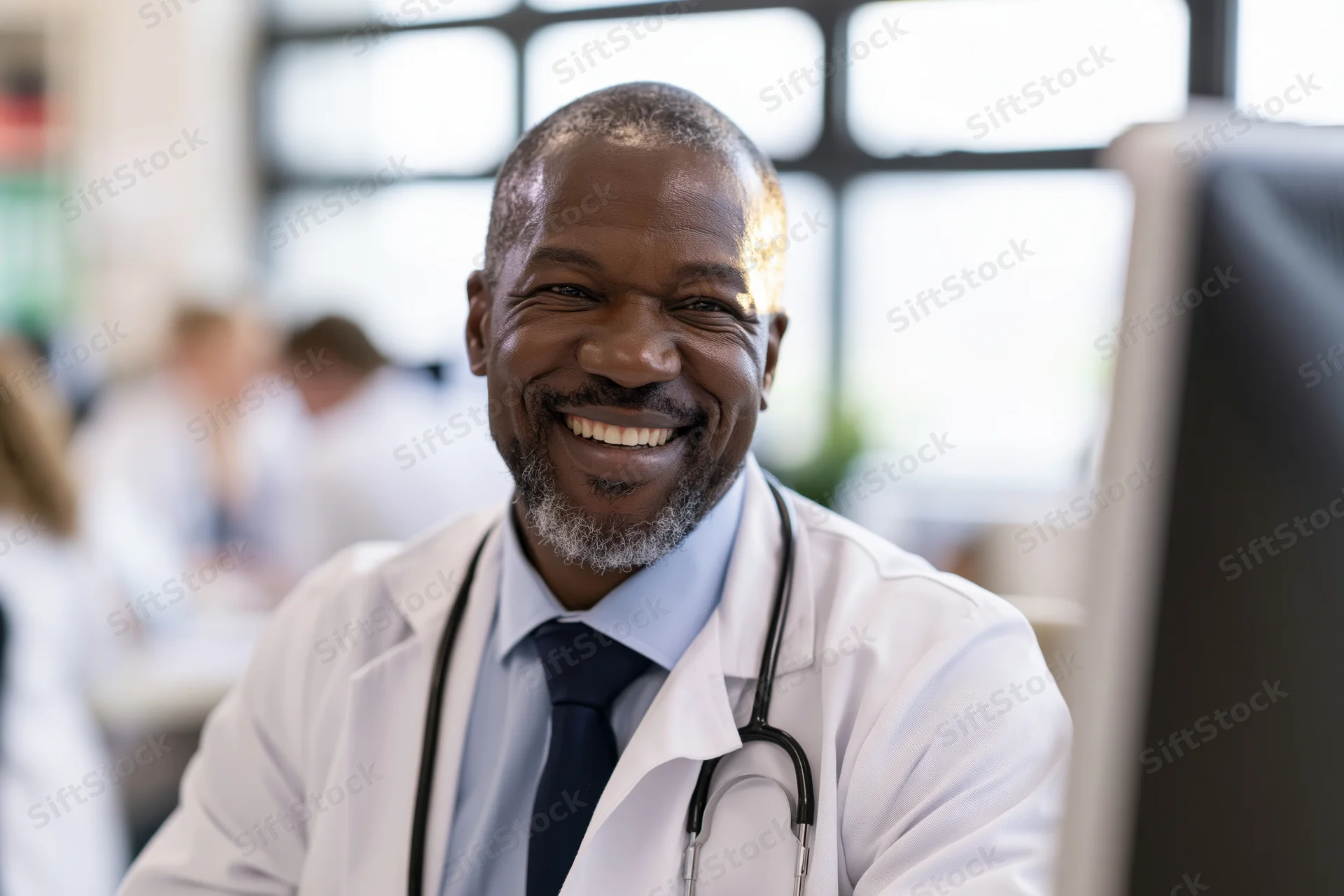 Middle-aged black male doctor smiling warmly in a clinic office with a stethoscope around his neck and a computer monitor nearby