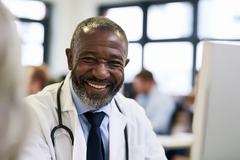 Middle-aged black male doctor smiling warmly at someone off-camera in a hospital office setting