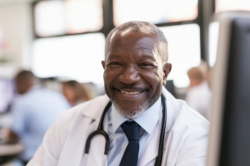 Middle-aged black male doctor smiling warmly in a hospital office setting