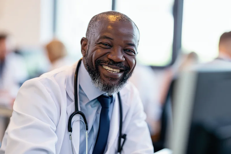 Middle-aged black male doctor smiling warmly at someone off-camera in a modern clinic office
