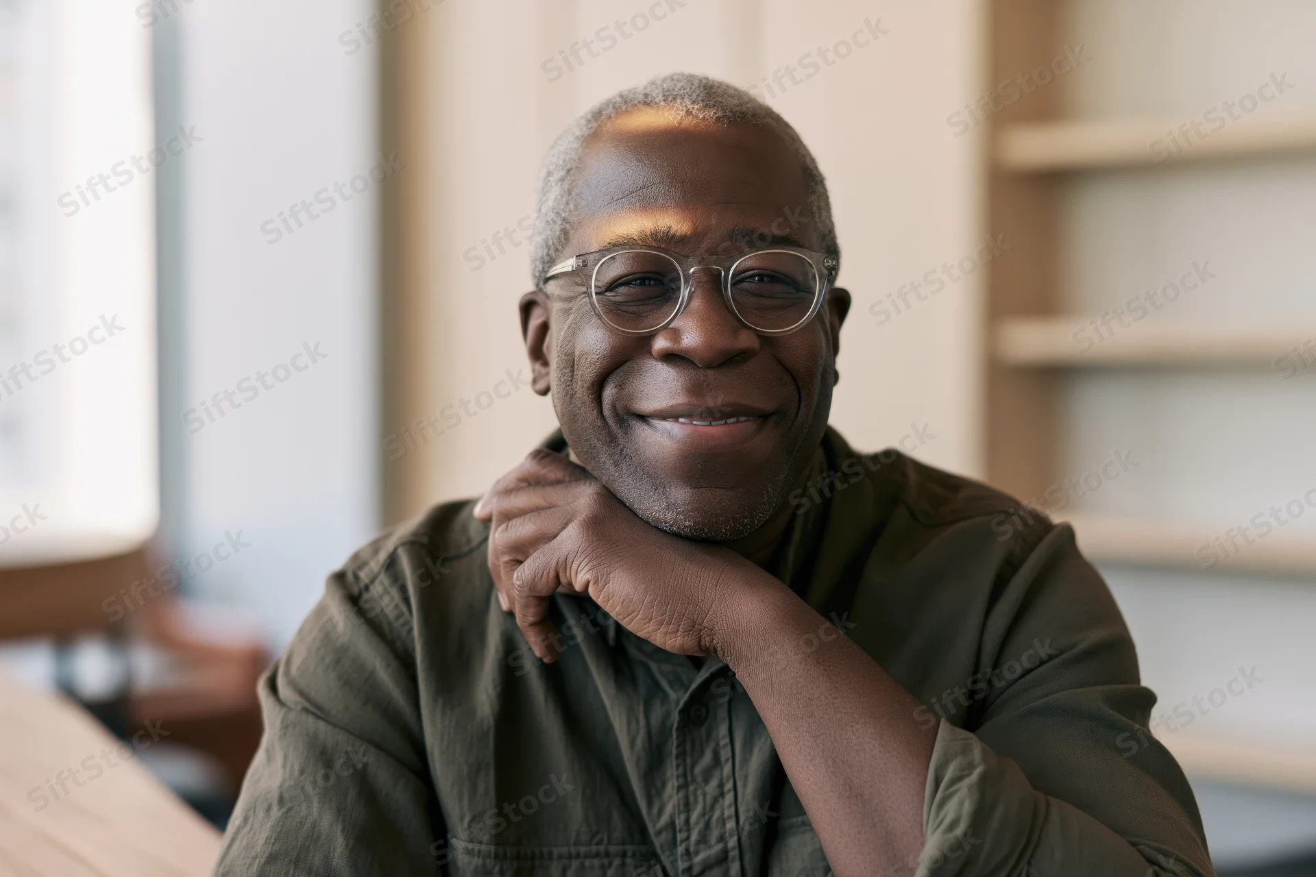 Smiling senior black man with glasses resting hand on chin indoors