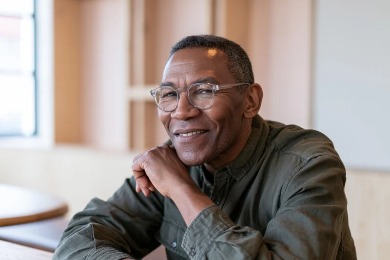 Middle-aged black man smiling with hand on chin in a modern office setting