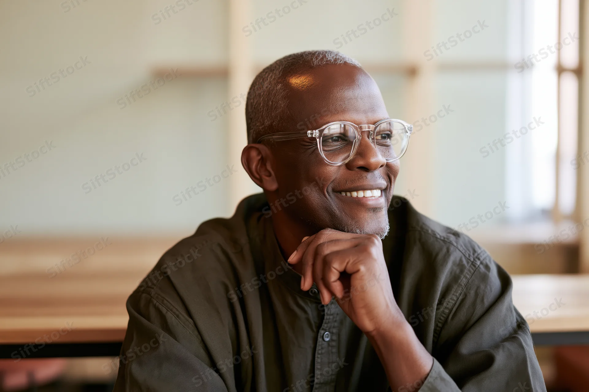 Smiling senior black man with clear-framed glasses resting hand on chin in bright indoor workspace