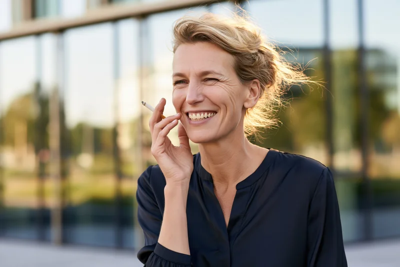 Middle-aged blonde woman smiling while holding a cigarette outdoors near a modern glass building