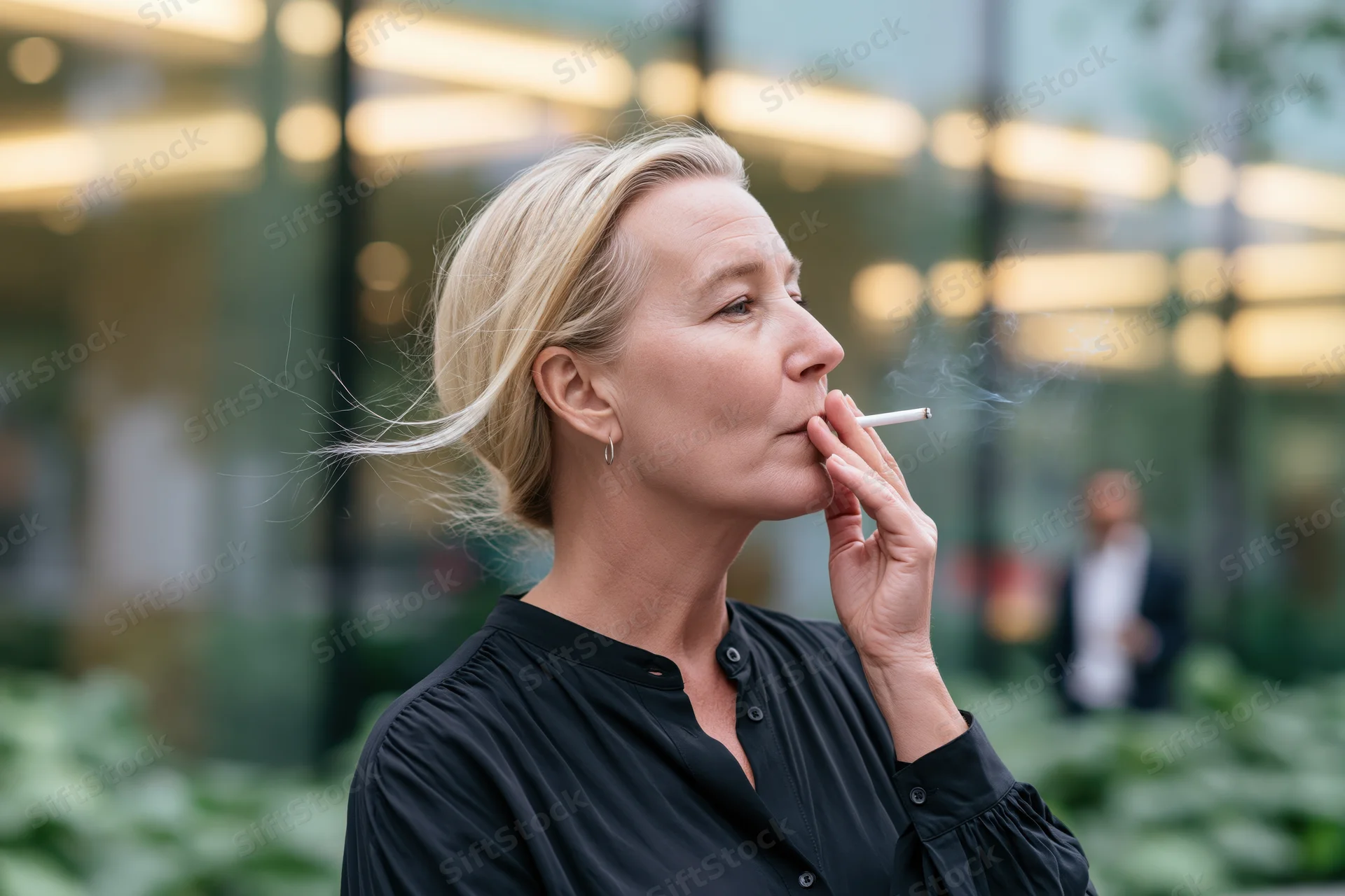 Middle-aged blonde woman smoking a cigarette outdoors near an office building