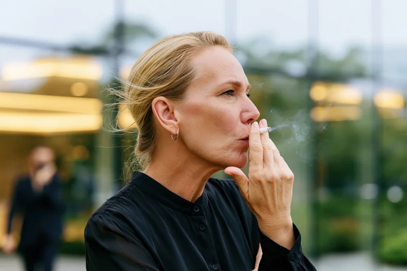 Middle-aged blonde woman smoking a cigarette outdoors near a modern office building
