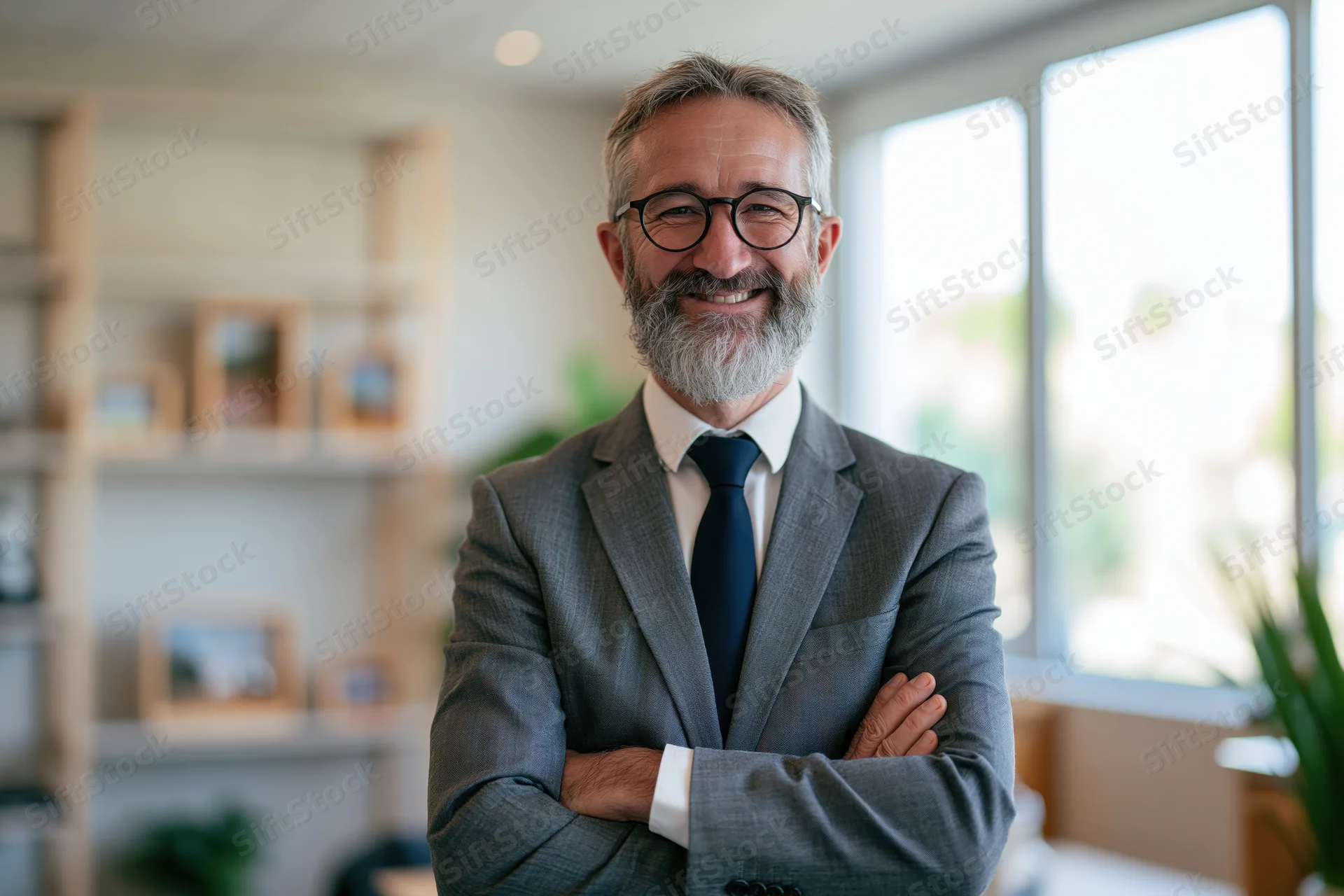Middle-aged businessman with grey beard and glasses standing in office with arms crossed, smiling