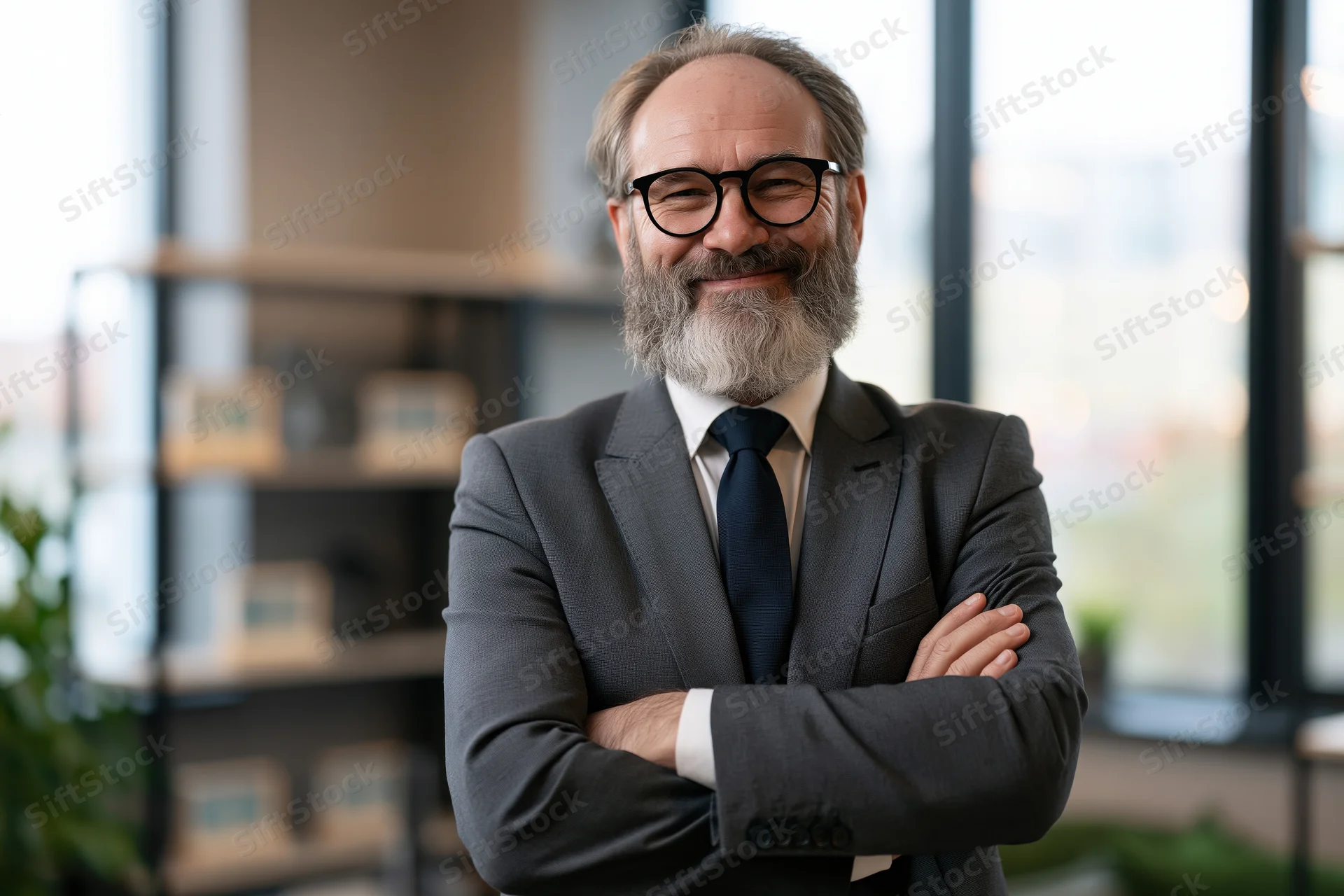 Middle-aged businessman with grey beard and glasses standing in office with arms crossed, smiling confidently