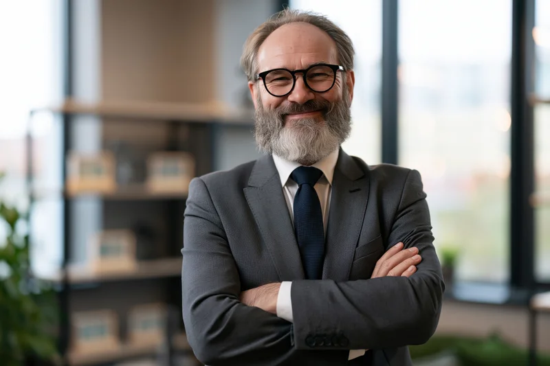 Middle-aged businessman with grey beard and glasses standing in office with arms crossed, smiling confidently