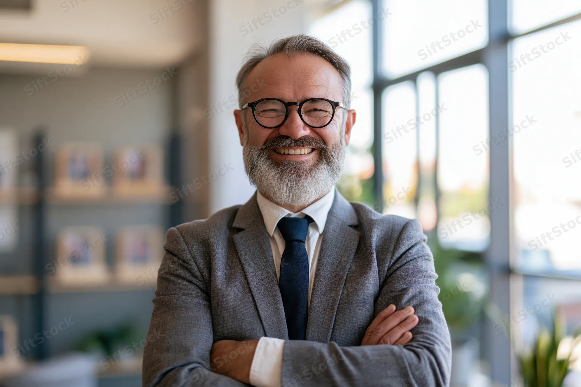 Middle-aged businessman with gray beard and glasses smiling with arms crossed in modern office