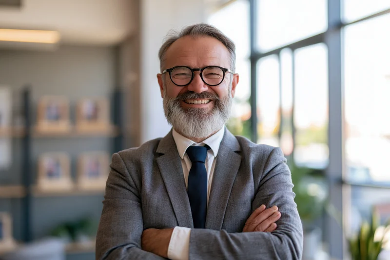Middle-aged businessman with gray beard and glasses smiling with arms crossed in modern office