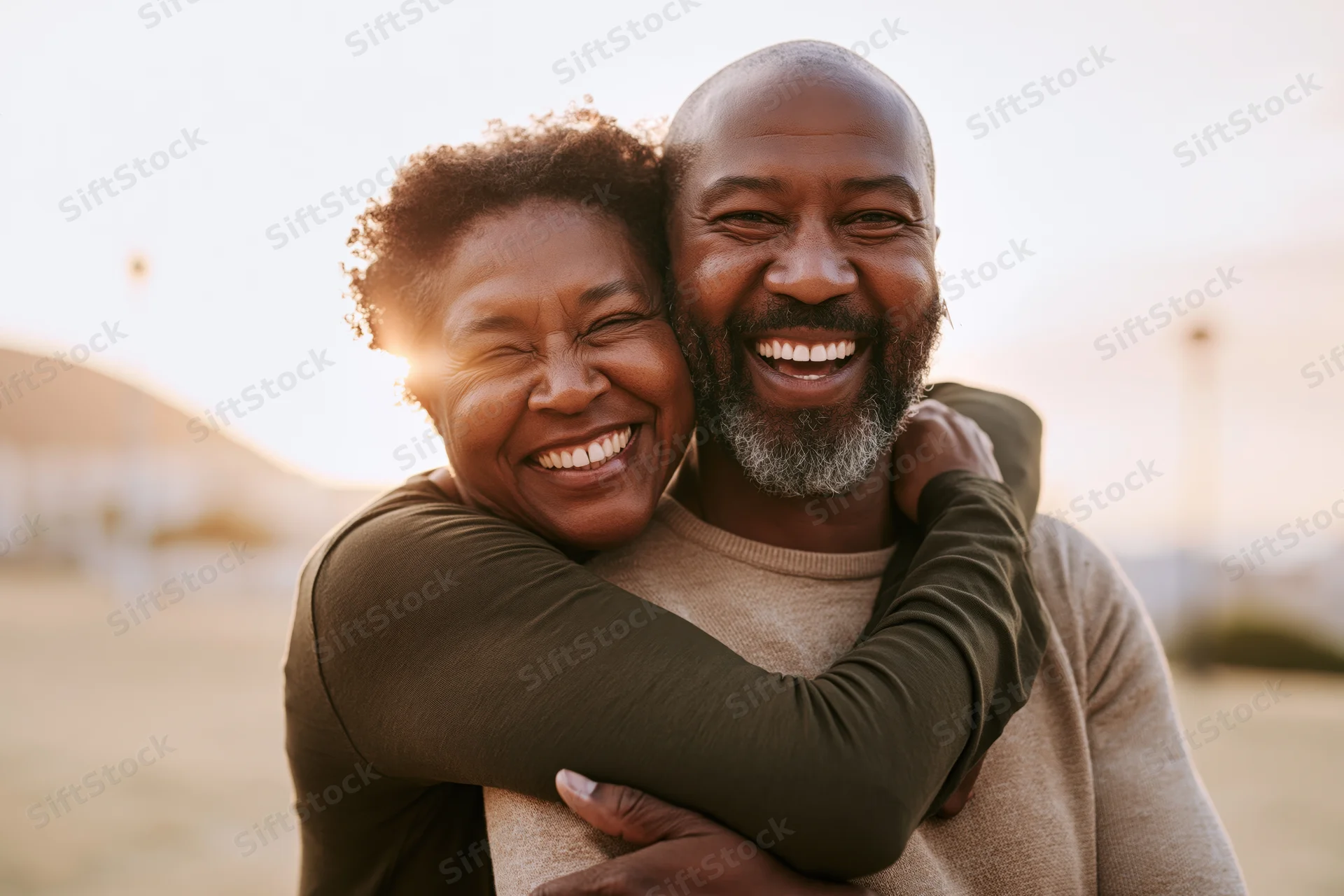 Middle-aged african american couple embracing and laughing outdoors in a sunlit field