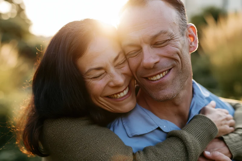 Middle-aged couple embracing outdoors with sunlight behind them