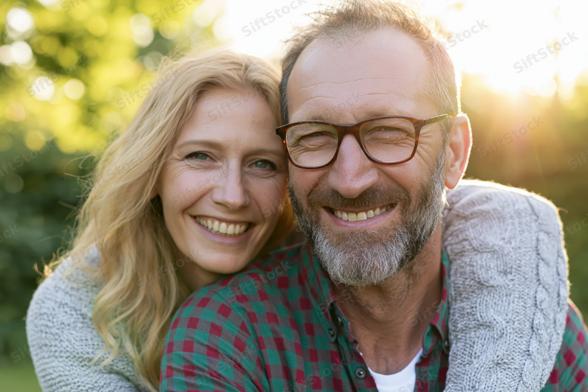Middle-aged couple smiling warmly at camera in a sunlit park embrace