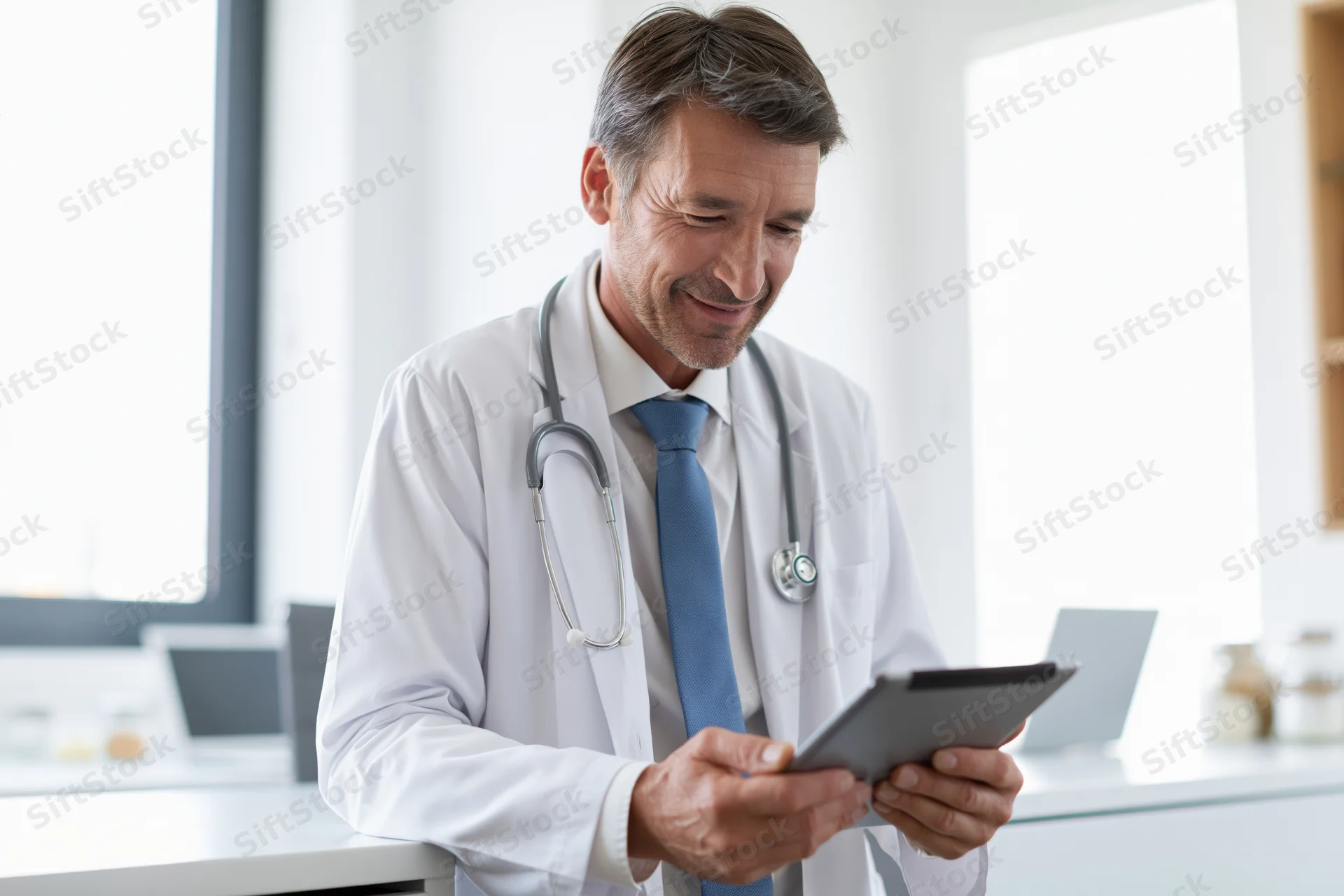 Middle-aged male doctor in white lab coat smiling while using tablet in clinic office