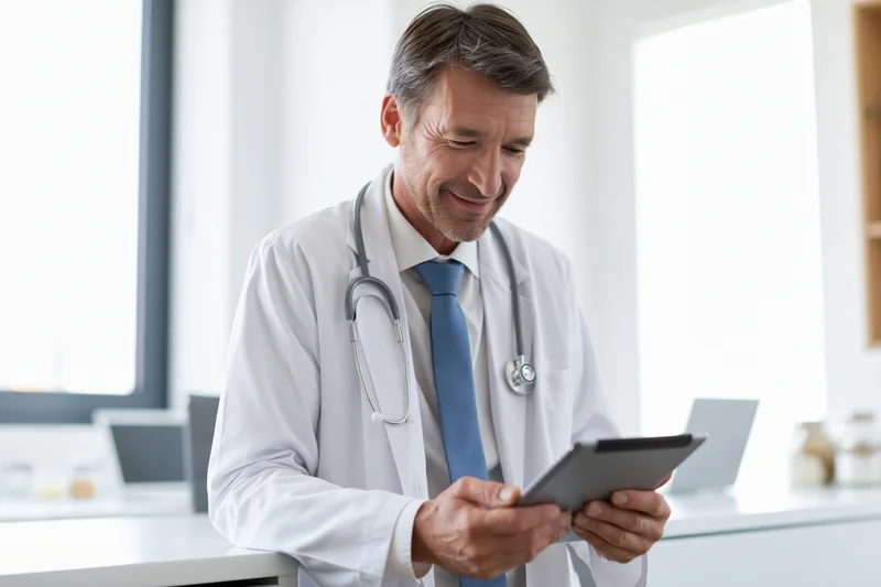 Middle-aged male doctor in white lab coat smiling while using tablet in clinic office
