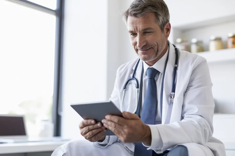 Middle-aged male doctor in white lab coat sitting and using tablet in clinic office