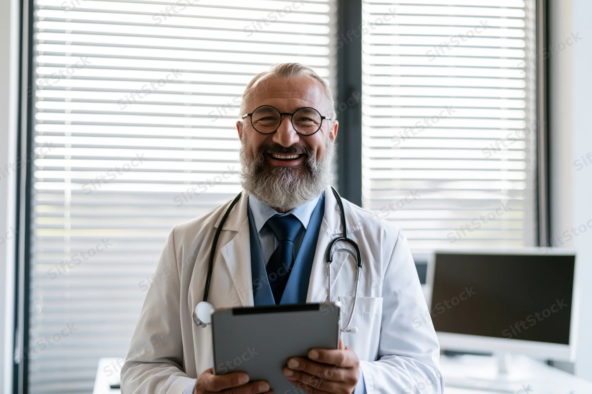Smiling male doctor in lab coat holding tablet in clinic office