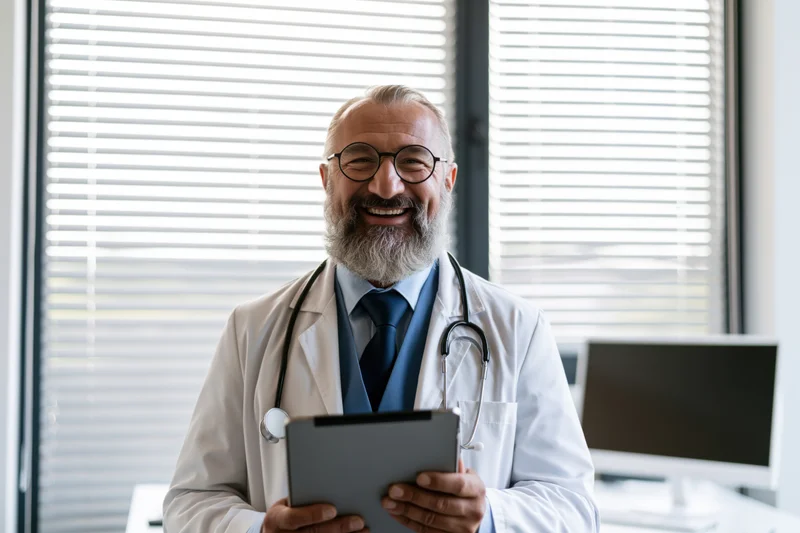 Smiling male doctor in lab coat holding tablet in clinic office