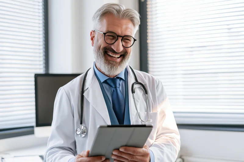 Middle-aged male doctor laughing while holding a tablet in a clinic office