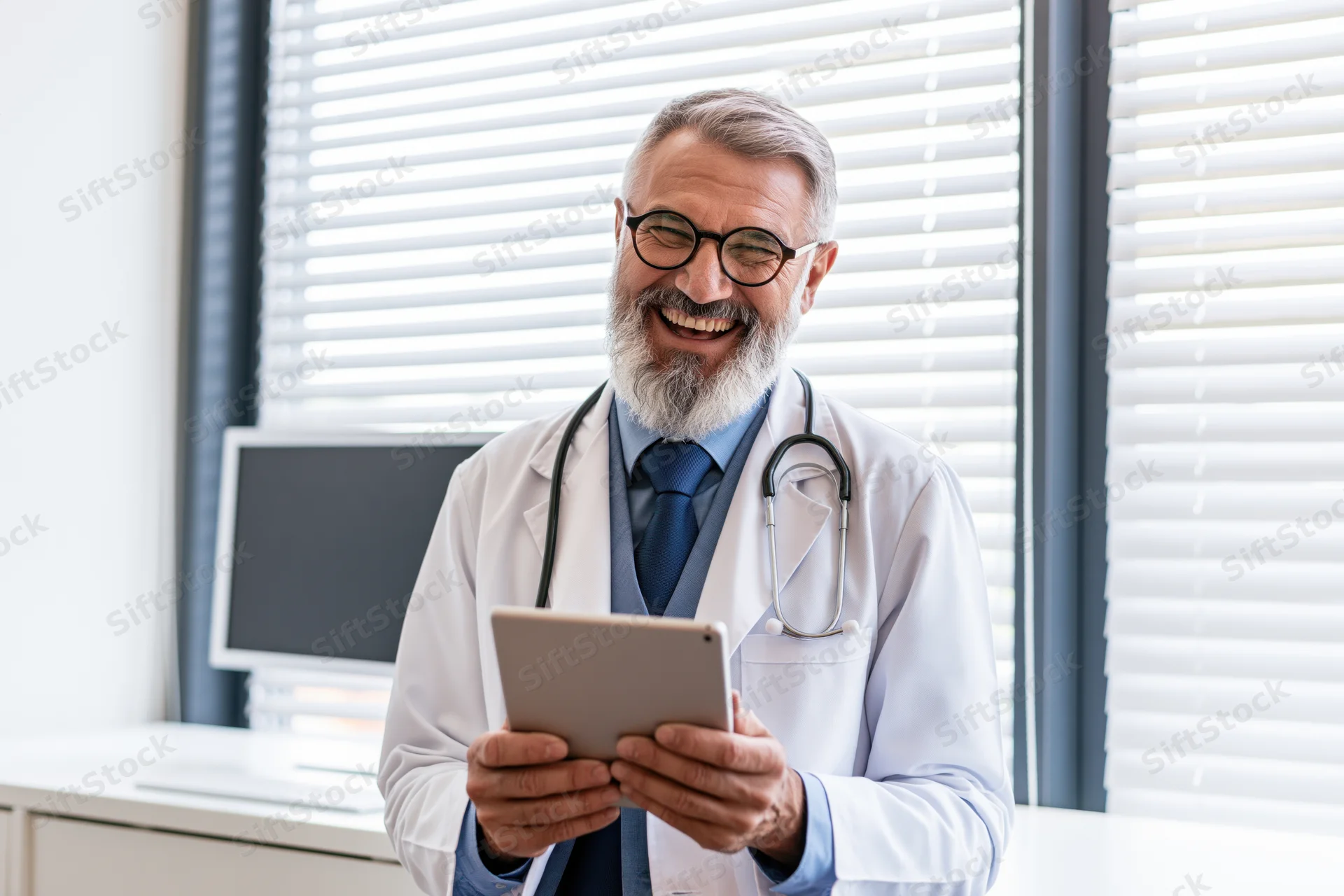 Middle-aged male doctor laughing while holding a tablet in a clinic office