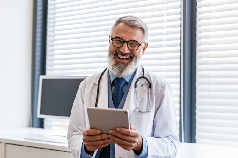 Middle-aged male doctor laughing while holding a tablet in a clinic office