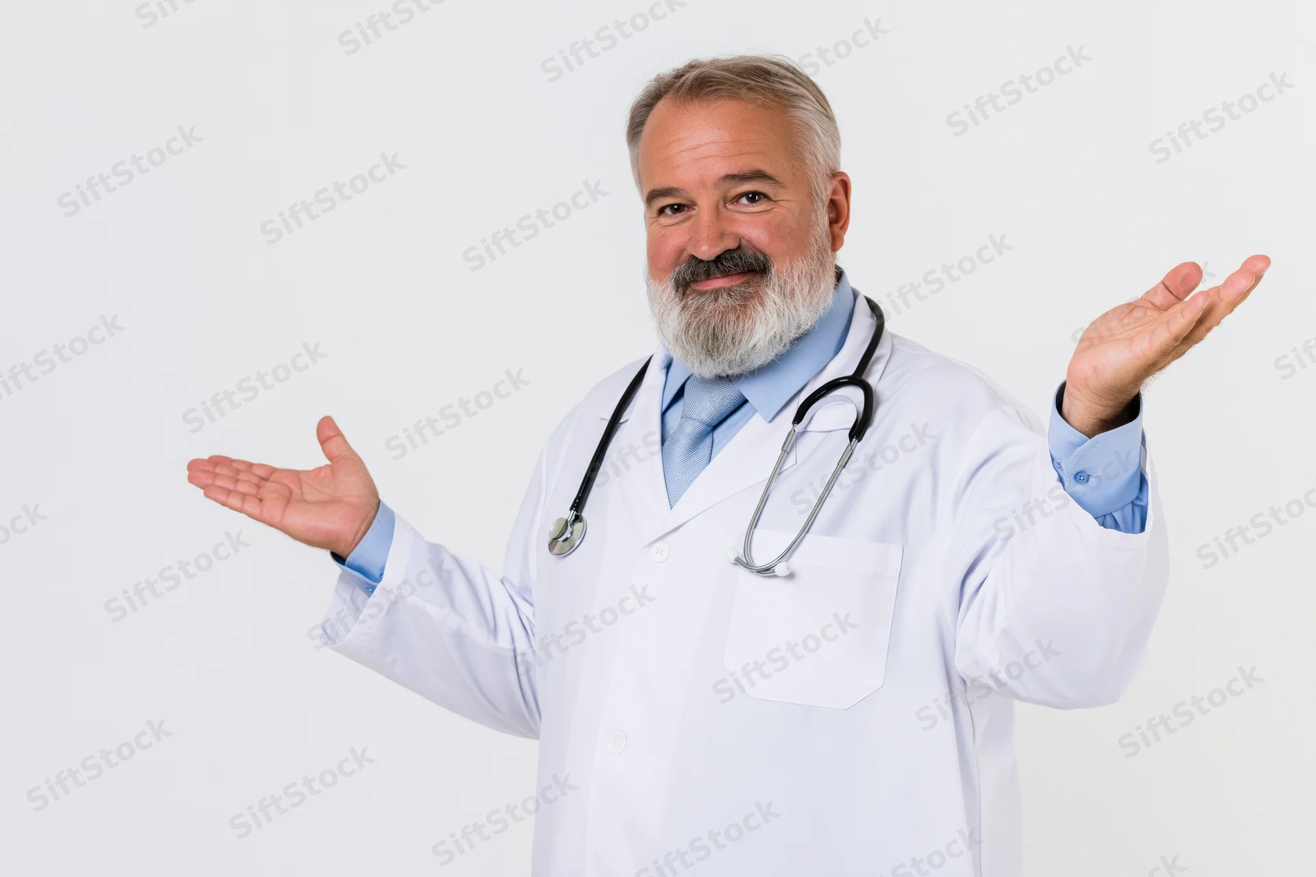 Middle-aged male doctor in white coat with stethoscope gesturing with open hands smiling in studio setting