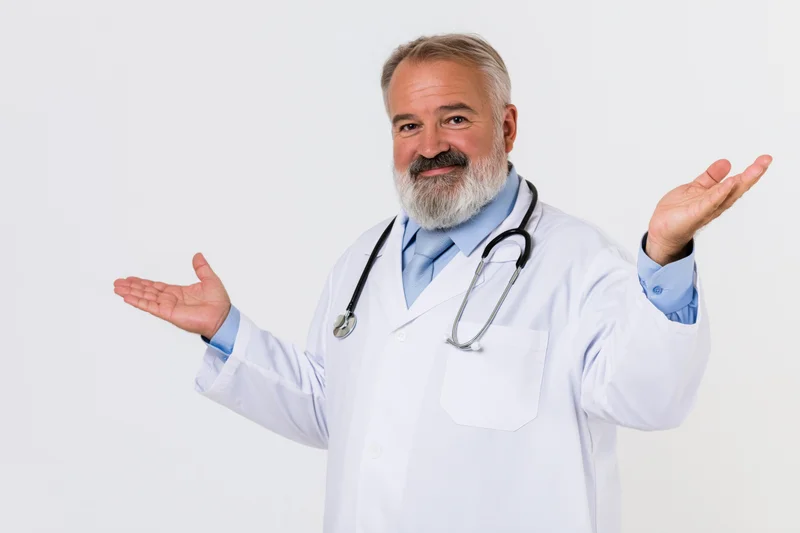 Middle-aged male doctor in white coat with stethoscope gesturing with open hands smiling in studio setting
