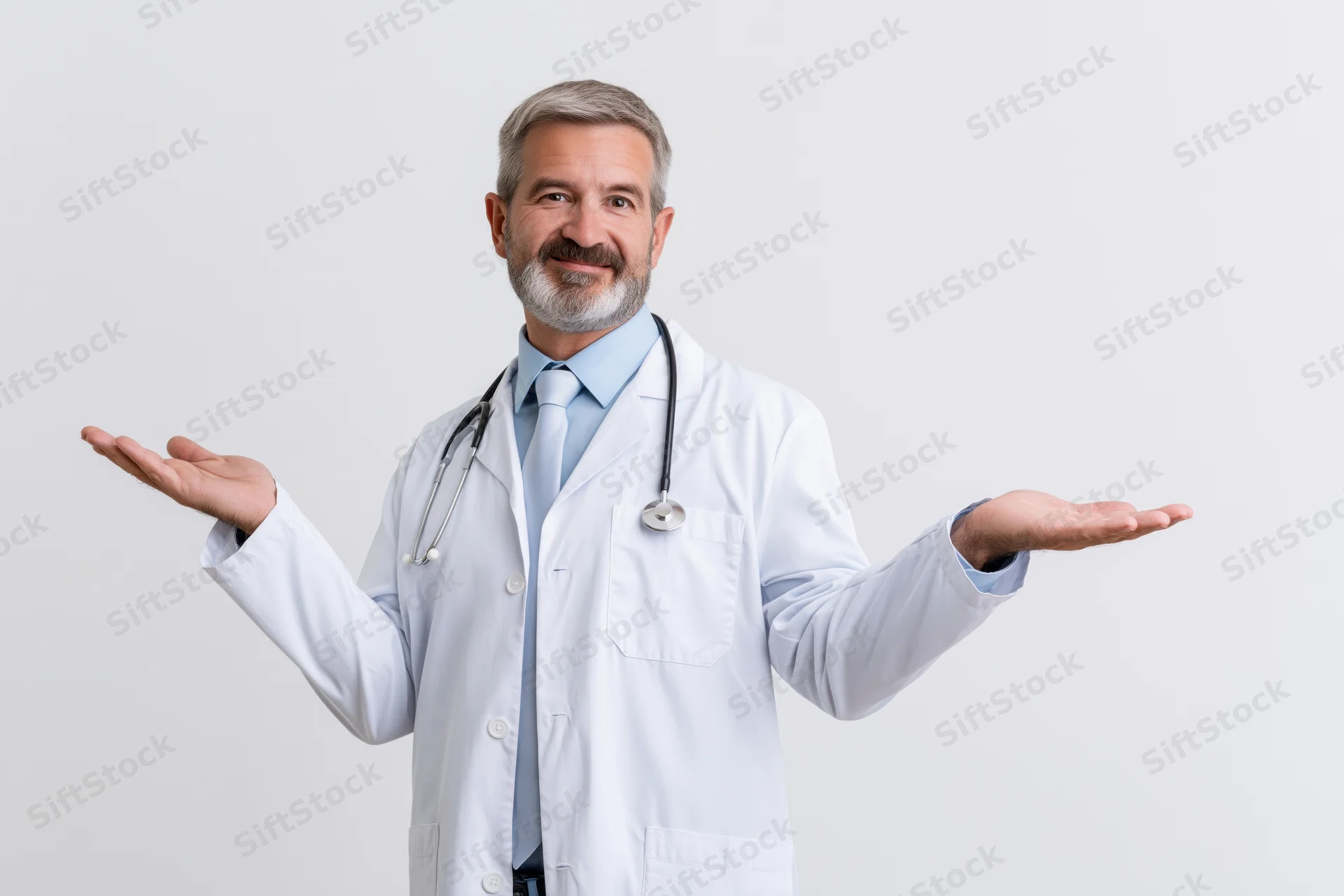 Middle-aged male doctor in white lab coat with stethoscope shrugging with open hands against plain background