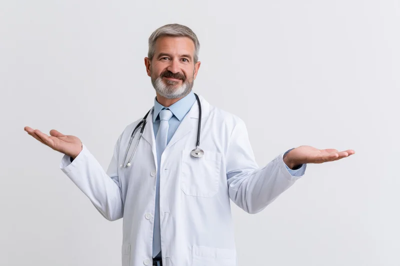 Middle-aged male doctor in white lab coat with stethoscope shrugging with open hands against plain background