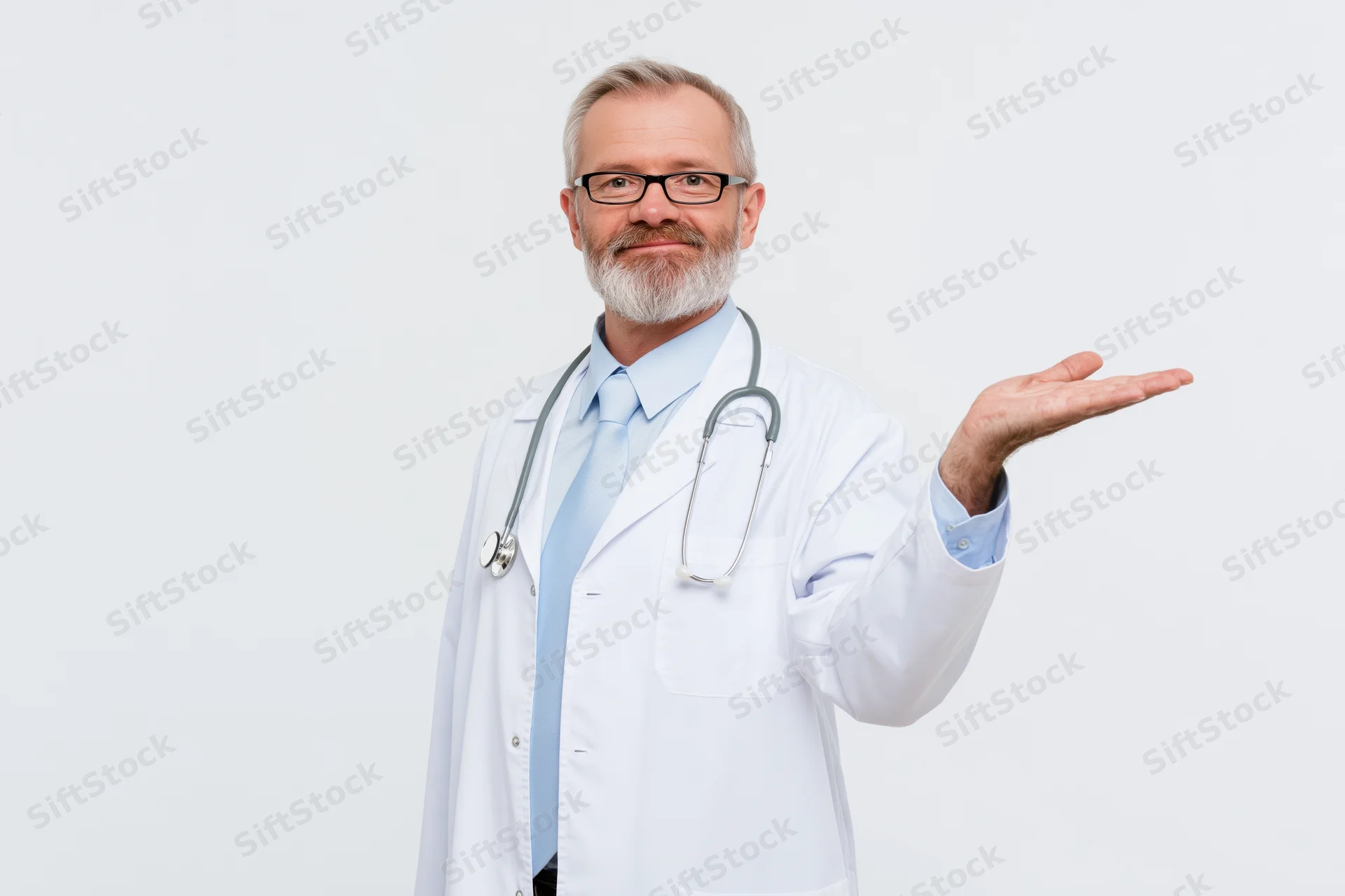 Middle-aged male doctor in white coat with stethoscope gesturing with open hand in studio