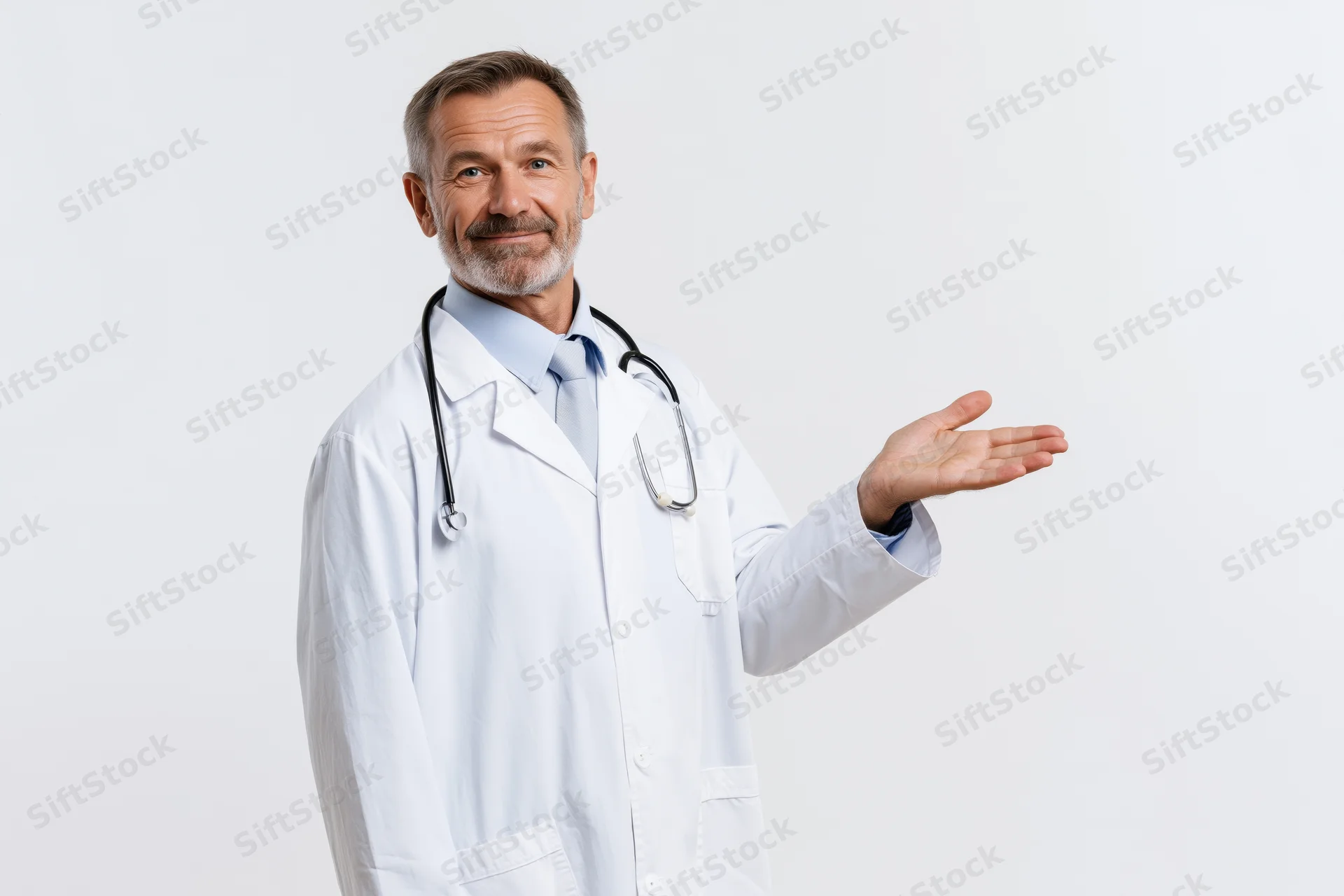 Middle-aged male doctor in white coat gesturing with open hand against white background