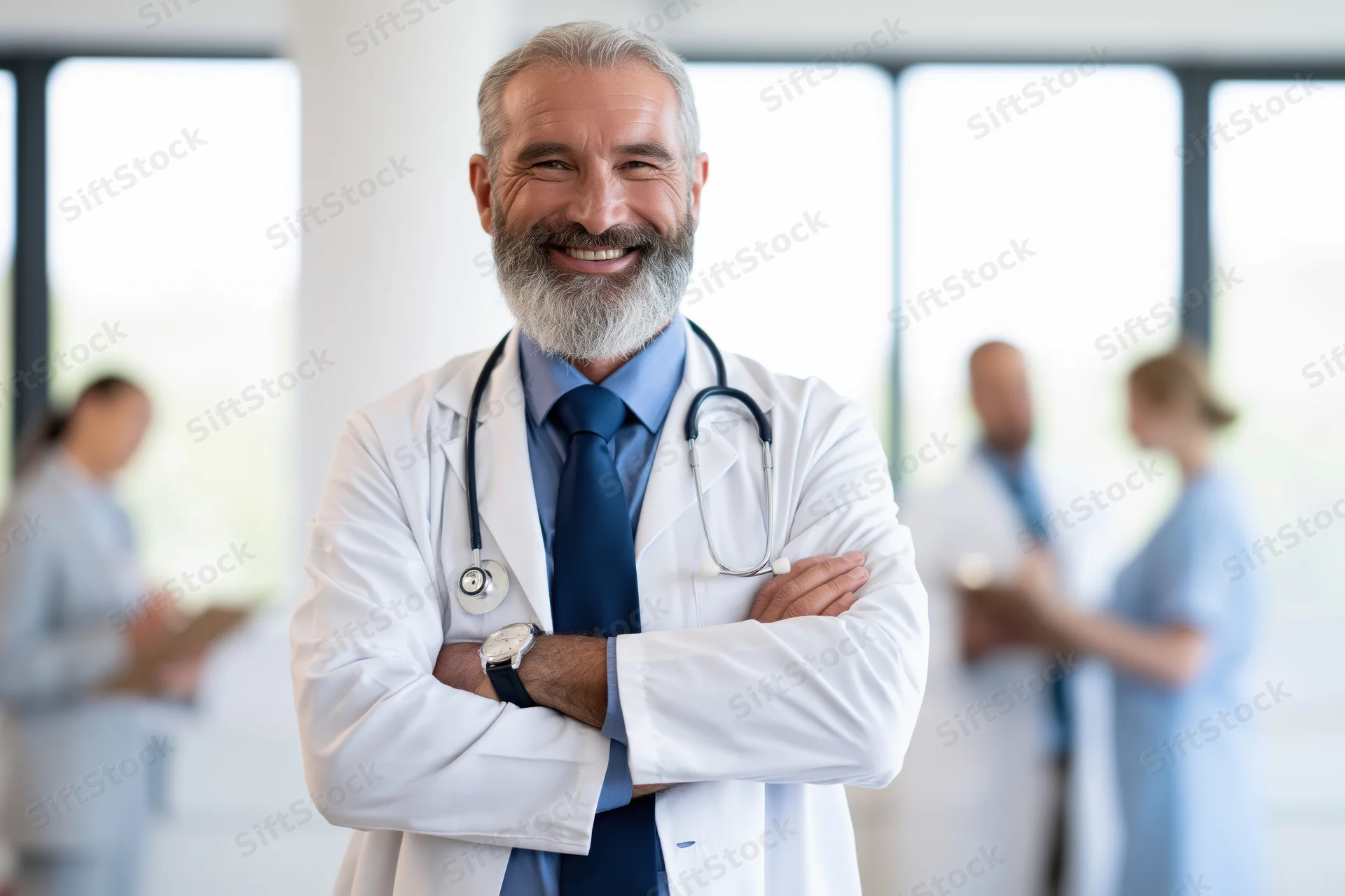 Senior male doctor with grey beard smiling with arms crossed in a hospital office