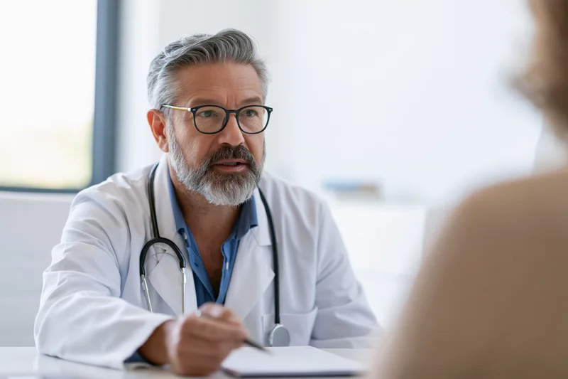 Male doctor in lab coat with stethoscope writing notes during patient consultation in clinic office