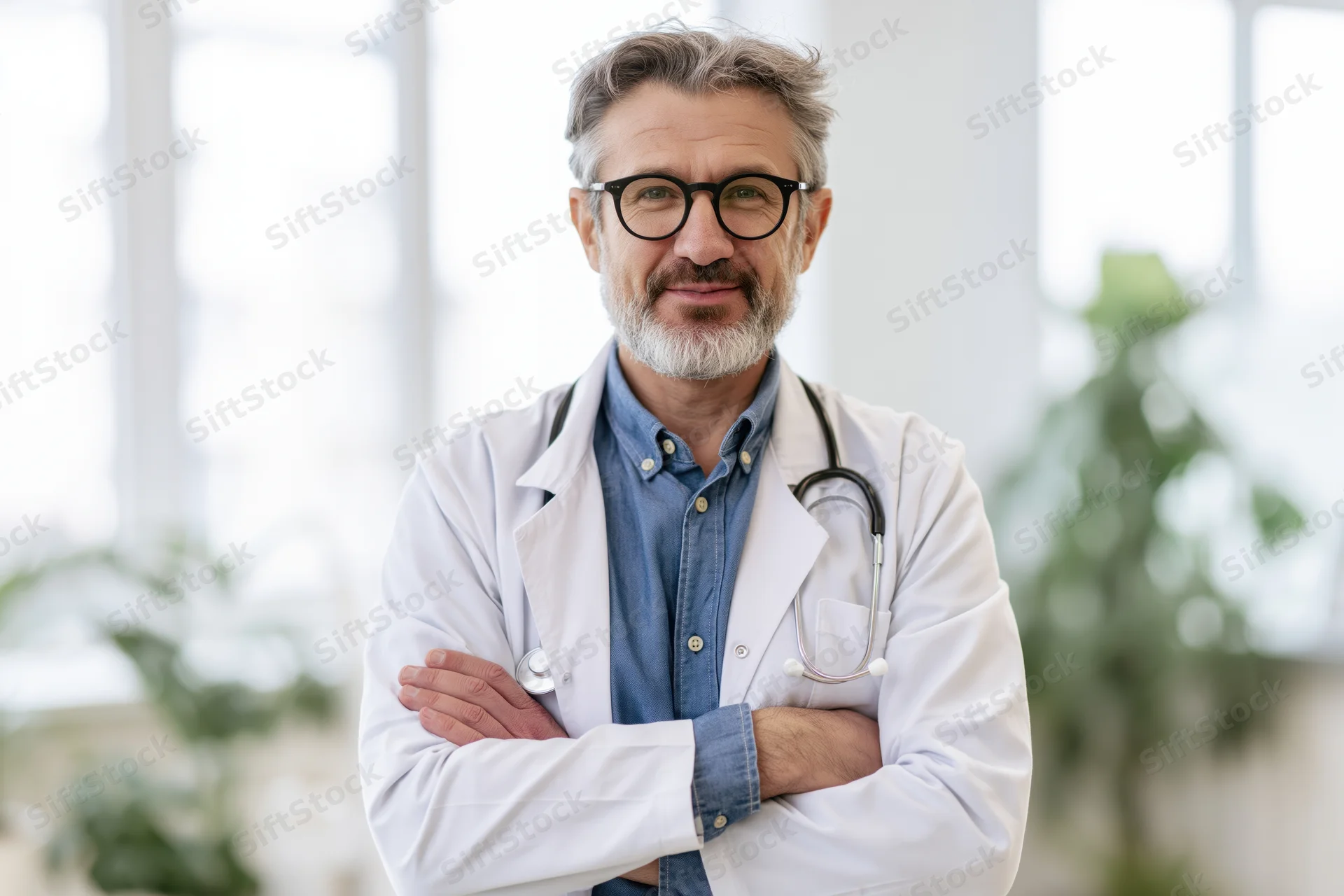 Middle-aged male doctor with grey hair and beard, wearing lab coat and glasses, arms crossed, standing in bright clinic interior