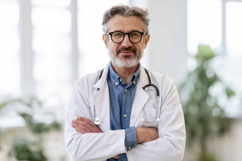 Middle-aged male doctor with grey hair and beard, wearing lab coat and glasses, arms crossed, standing in bright clinic interior