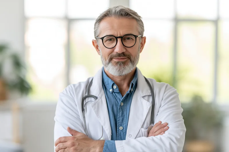 Middle-aged male doctor with grey hair and trimmed beard standing with arms crossed in a clinic, wearing glasses and a white lab coat over a blue shirt, smiling confidently