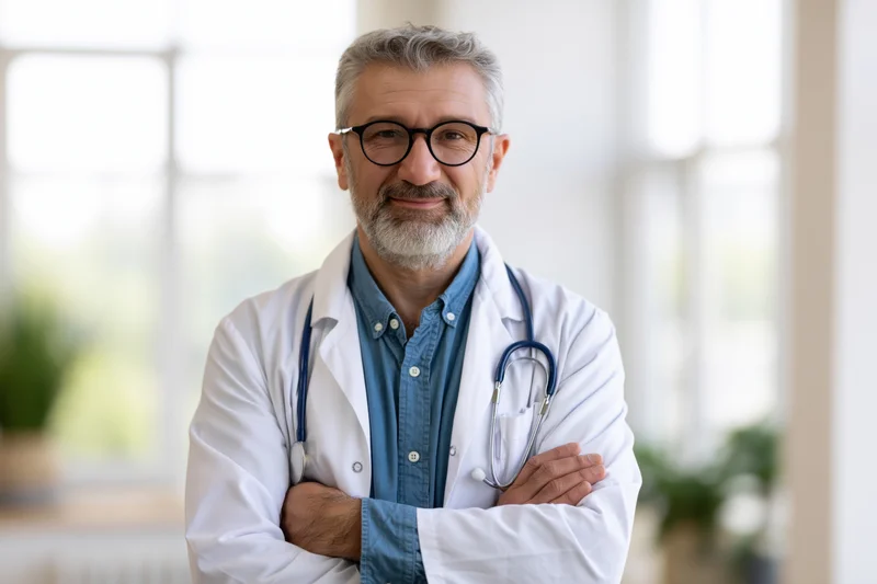 Middle-aged male doctor with grey hair and beard, wearing lab coat and stethoscope, arms crossed, smiling in clinic interior