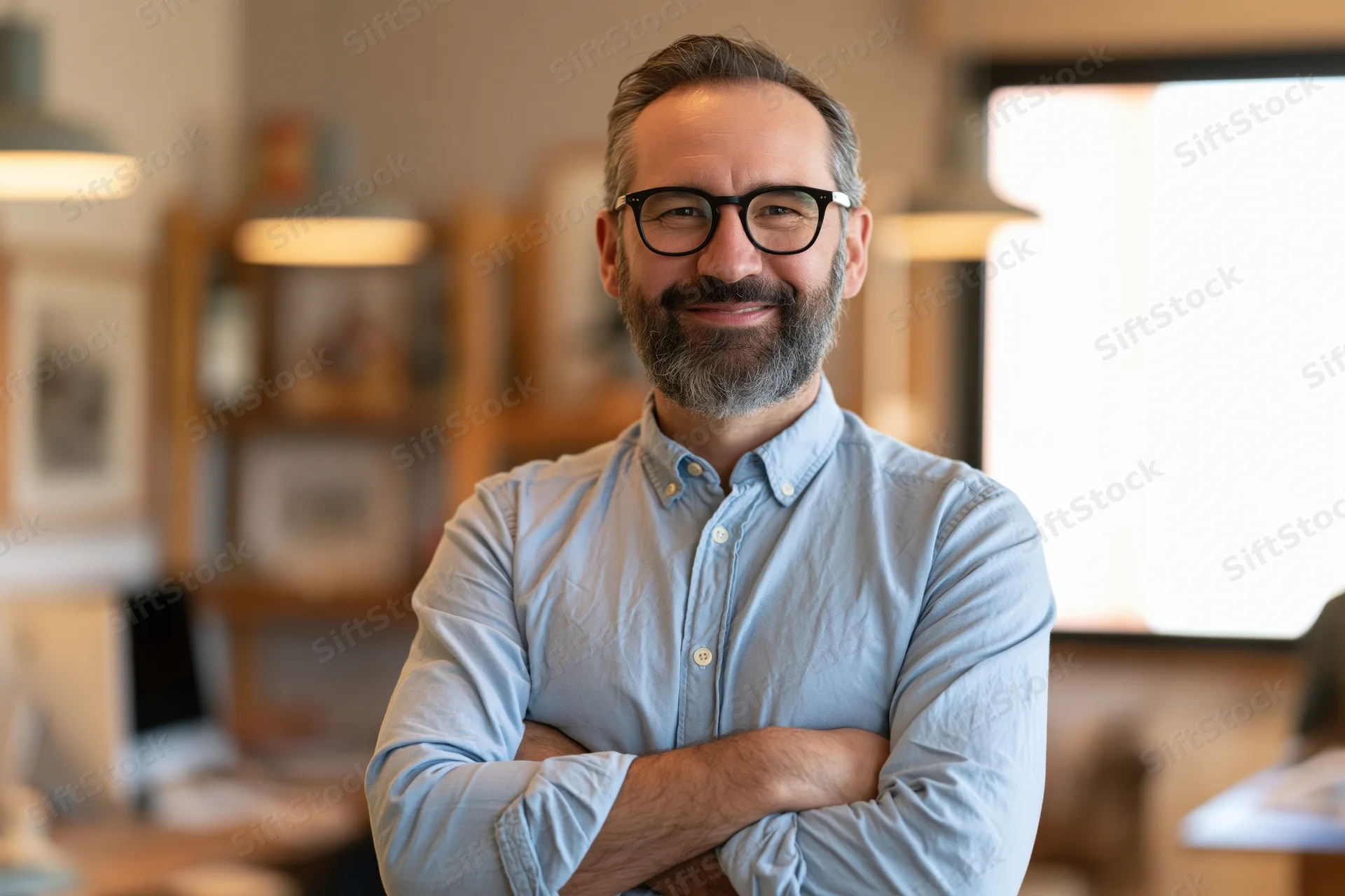 Middle-aged man with dark beard and glasses smiling with arms crossed in office setting