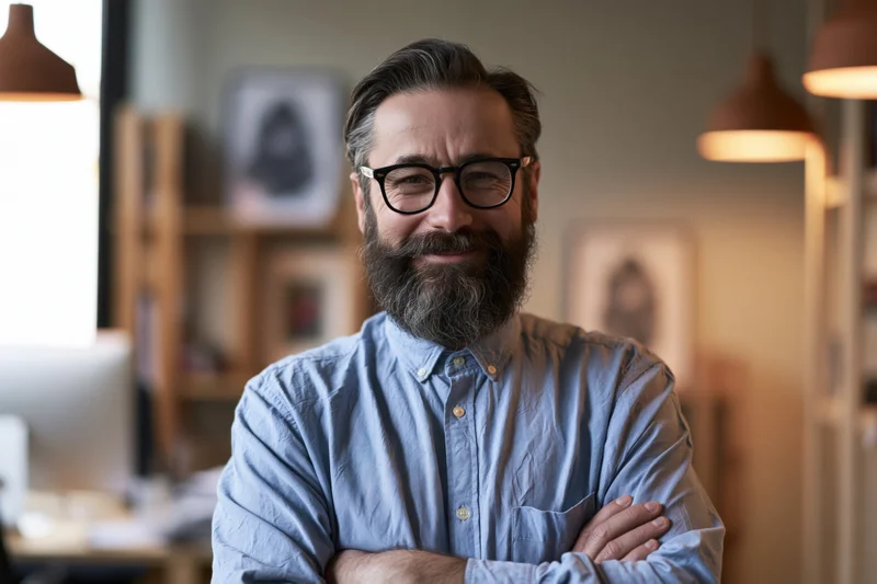 Middle-aged man with dark beard and glasses smiling with arms crossed in a modern office workspace