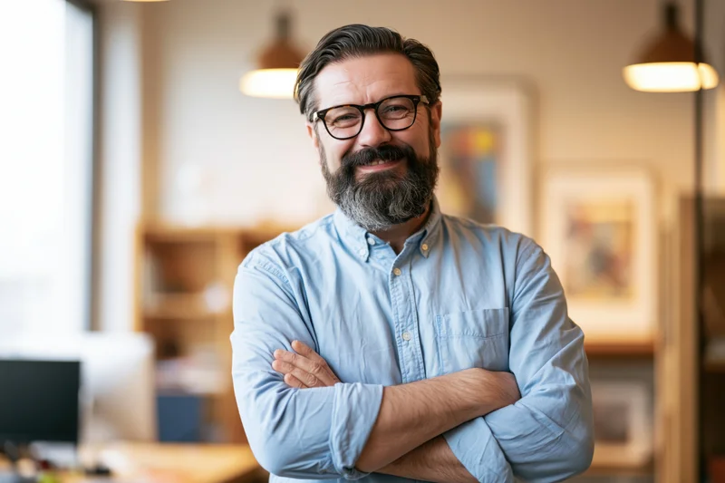 Middle-aged man with dark beard and glasses smiling with arms crossed in a modern office workspace
