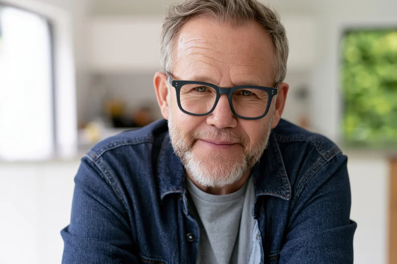 Middle-aged man with grey hair and short beard smiling slightly while wearing glasses and a denim jacket indoors