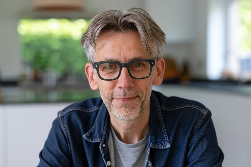 Middle-aged man with grey hair and short beard smiling slightly while wearing glasses and a denim jacket indoors