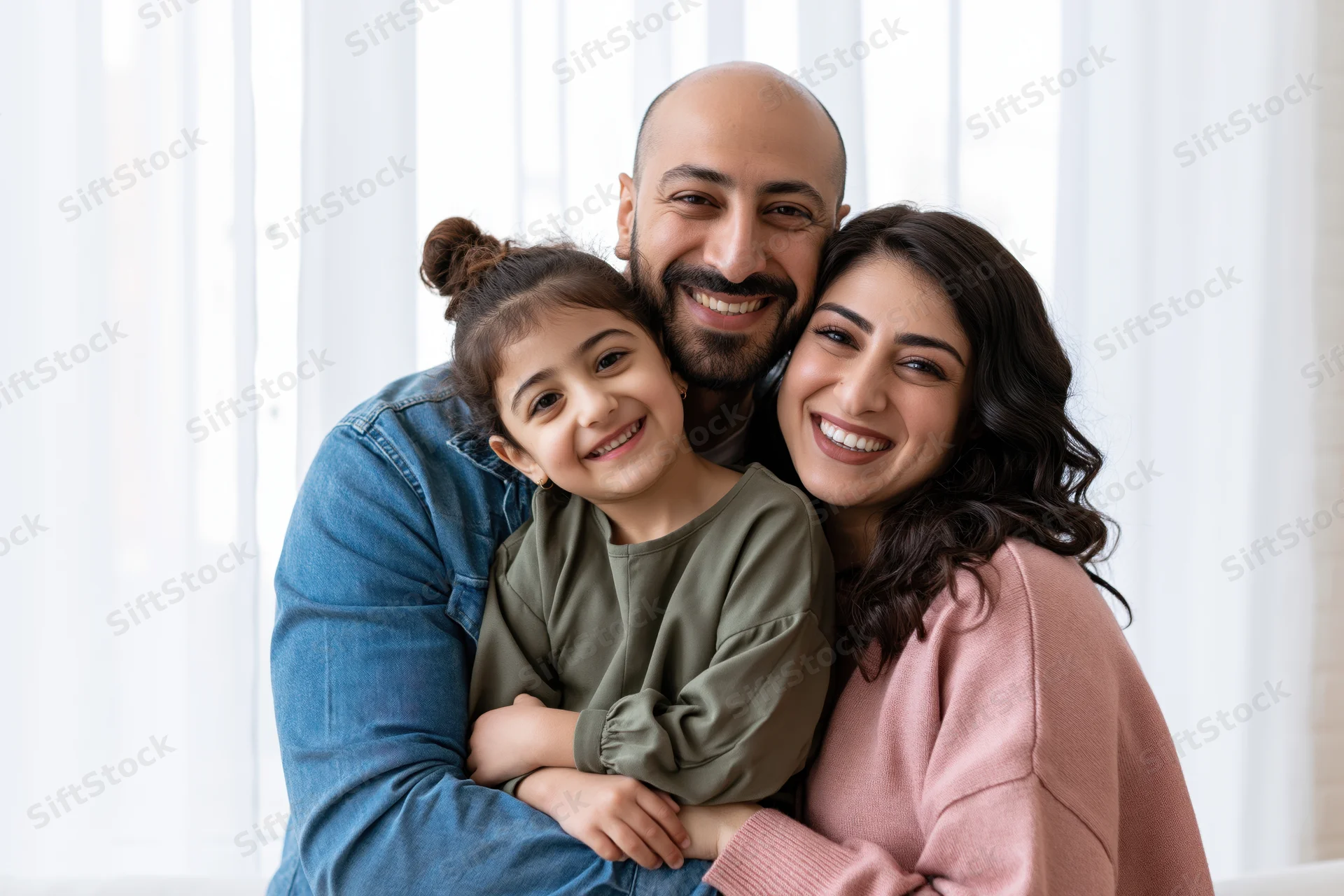 Middle eastern family of three embracing and smiling indoors near a window