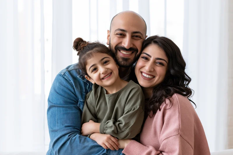 Middle eastern family of three embracing and smiling indoors near a window