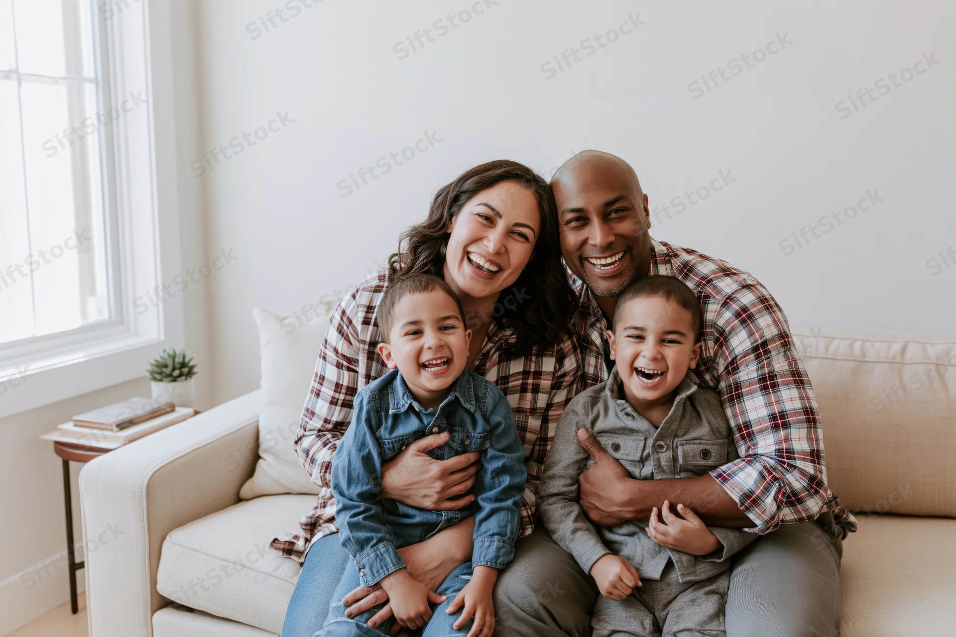 Mixed-race family of four laughing together on a beige sofa in a bright living room