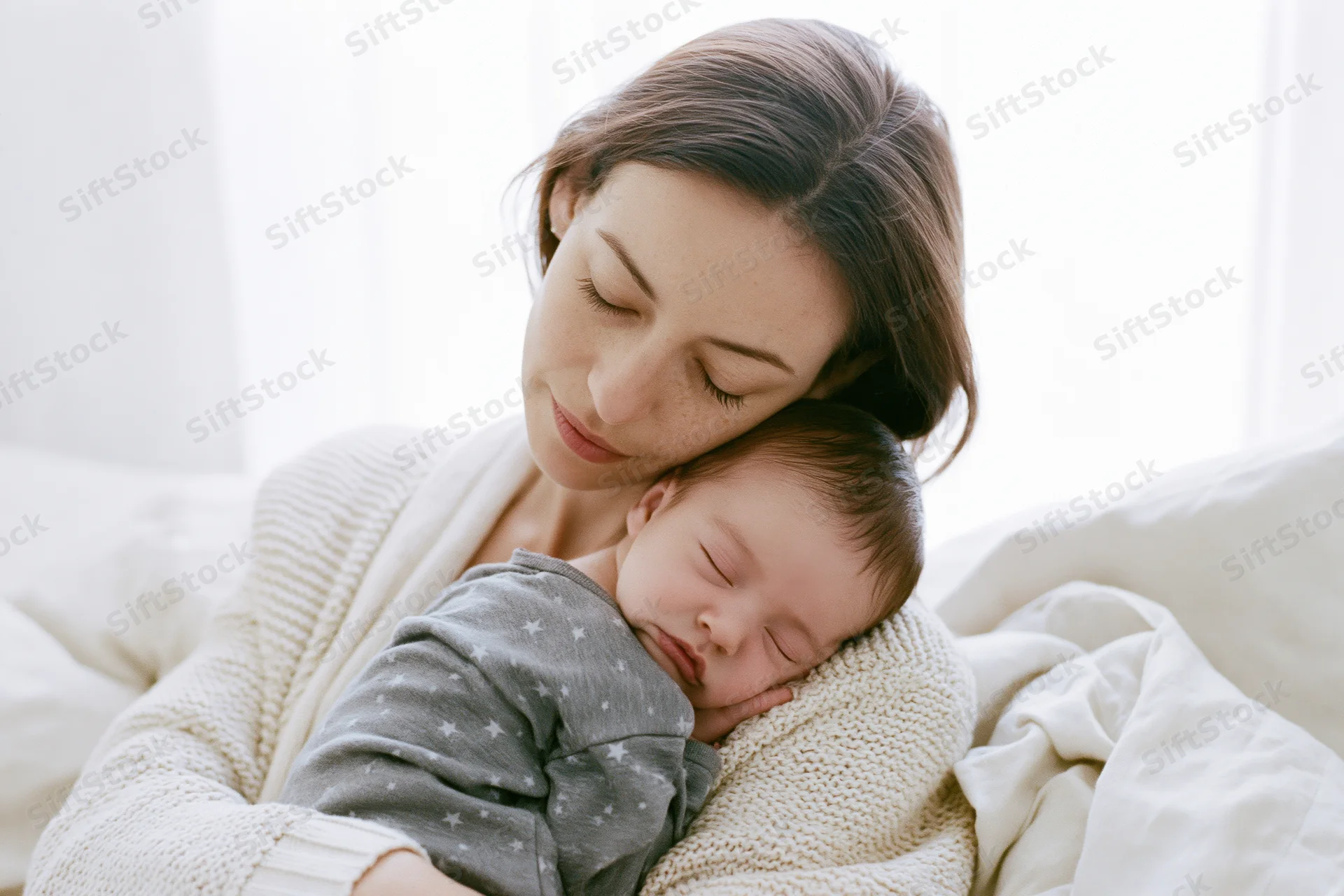 Mother cradling sleeping newborn against her chest in bed