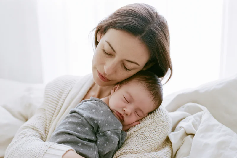 Mother cradling sleeping newborn against her chest in bed