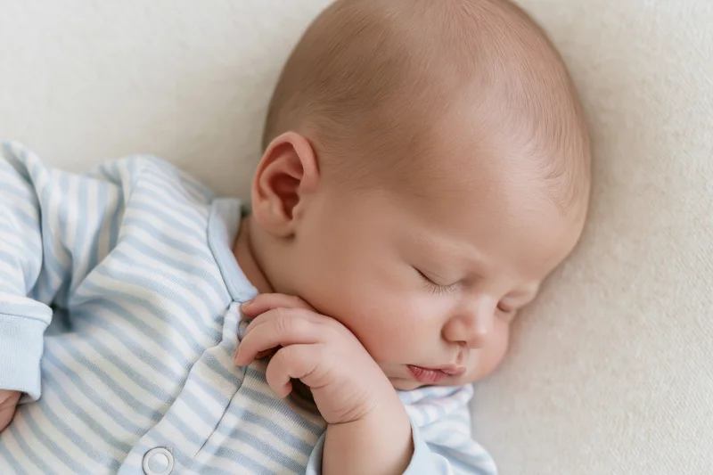 Newborn baby sleeping peacefully on soft cream-colored blanket